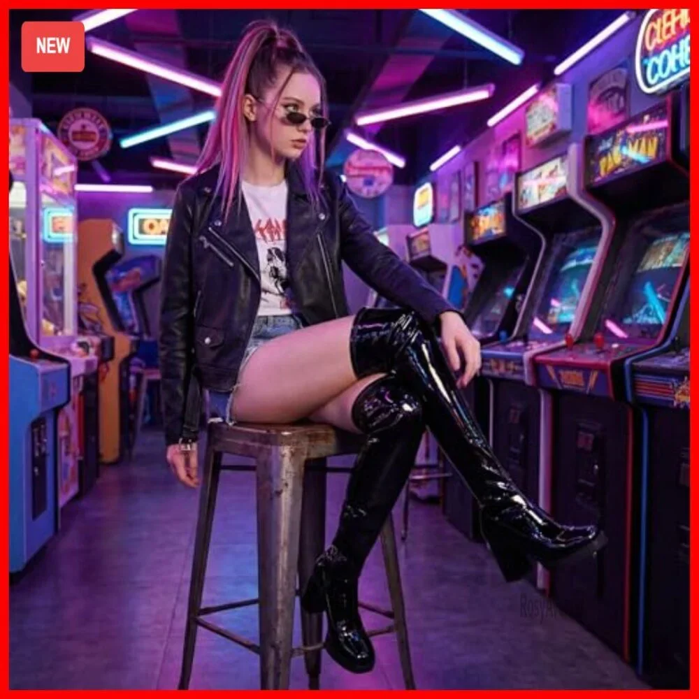 Platform Thigh High Boots Square Toe Chunky Heel Over Knee Stretch